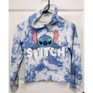 Disney - Lilo & Stitch Blue/White Crop Top Pullover Hoodie Size L Tie Dye